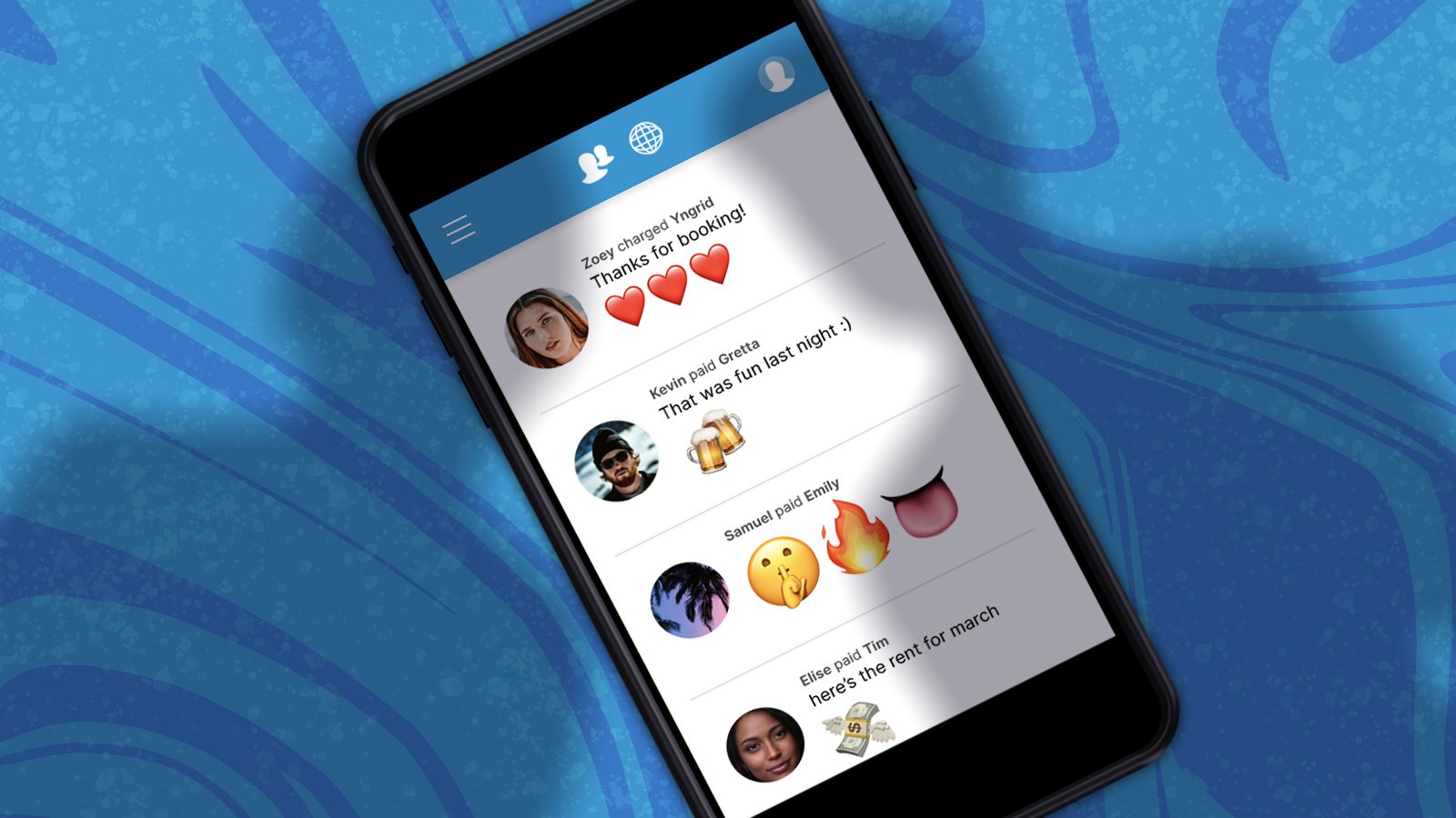 Image of a mobile phone with Venmo's app that is displaying different public transactions. There are 2 shadows representing figures viewing a users public information.