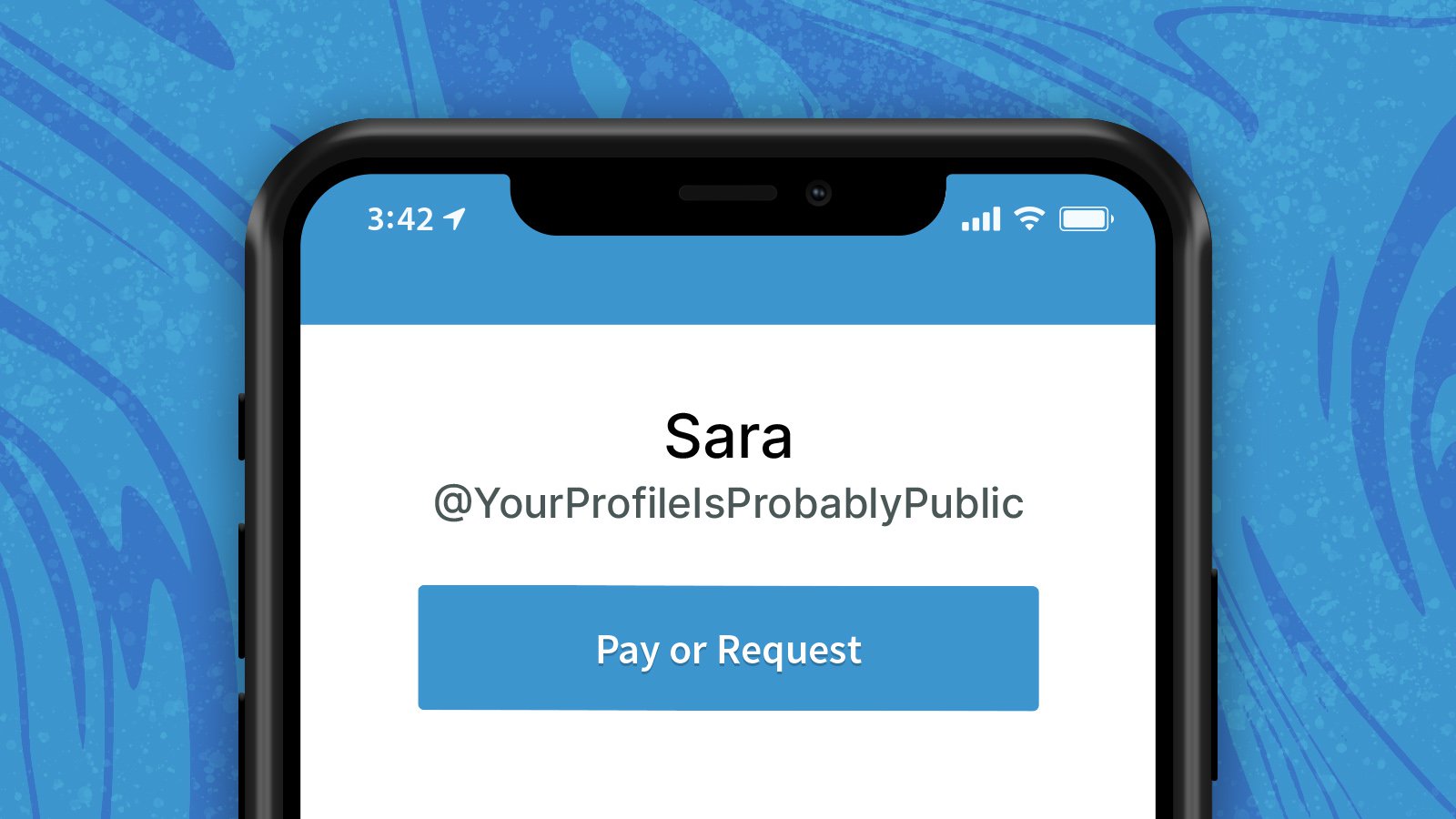 Image of an iPhone with a Venmo interface profile area that reads "Sara, @Your Profile Is Probably Public."