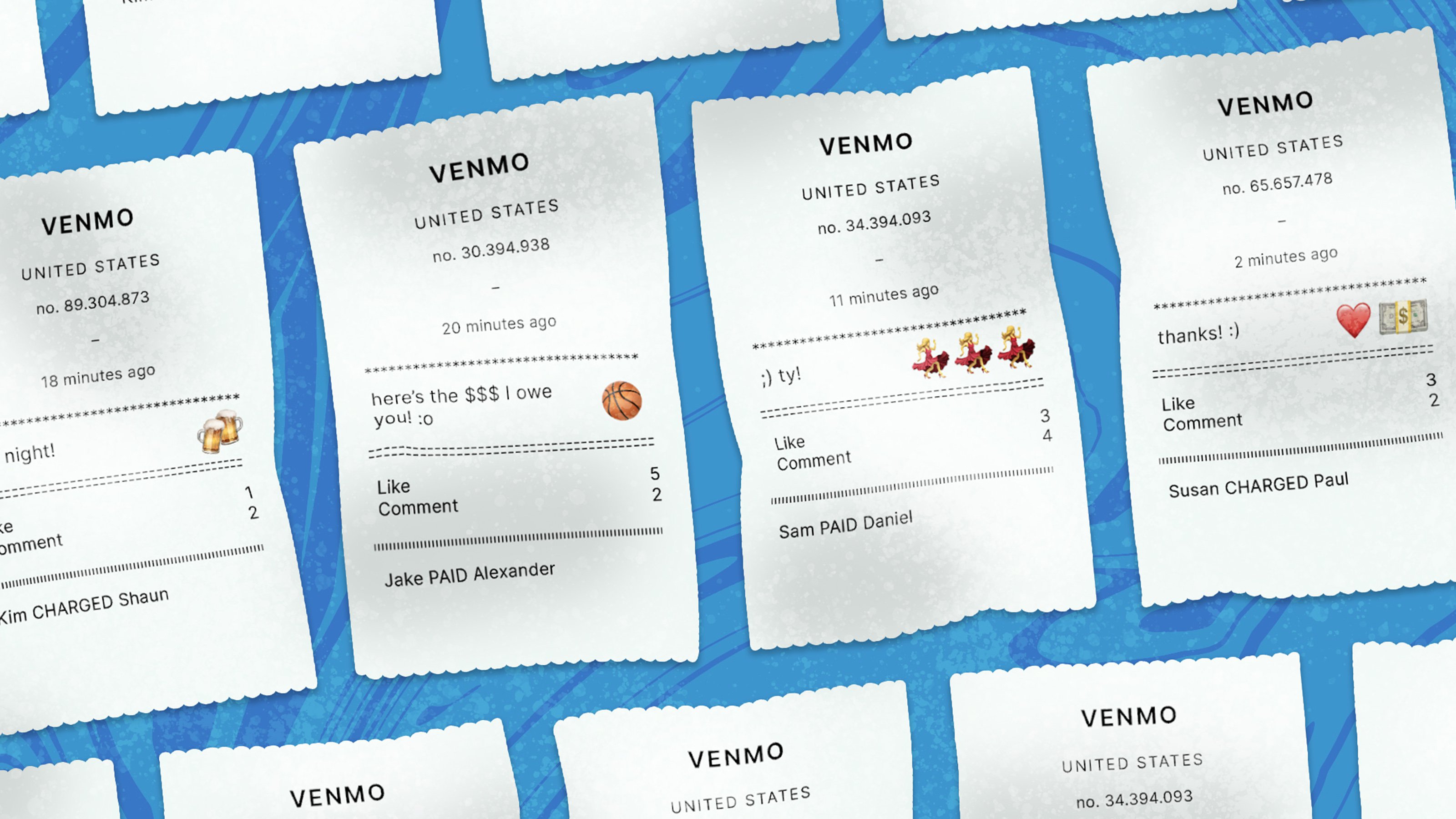Image of a lot of receipts with emoji transactions instead of financial transactions.