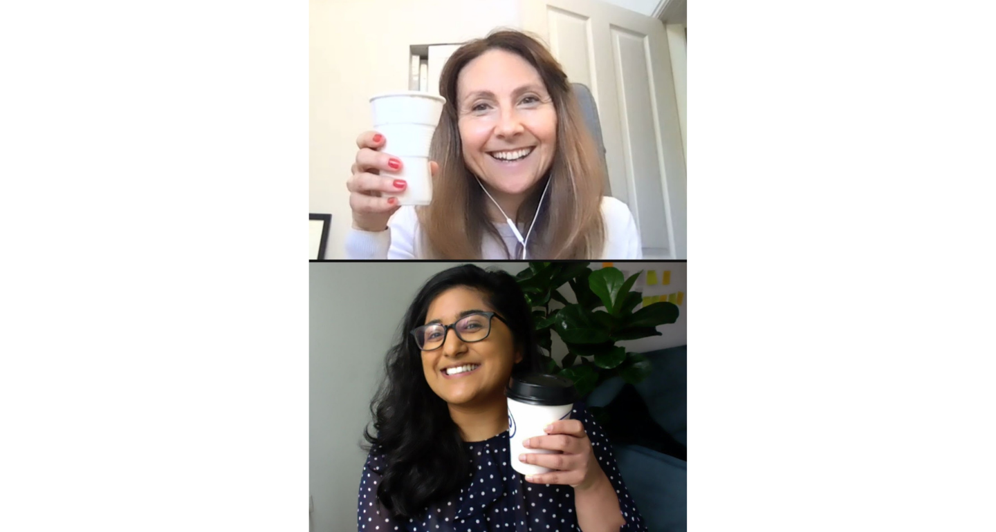 Two rectangle images stacked on top of one another. Both people are holding coffees and smiling at the camera.