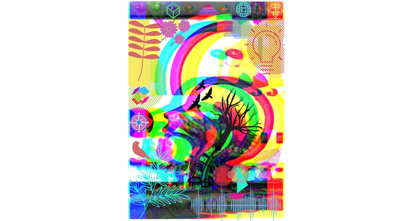 Colorful mixed media artwork with silhouette of human head in the center