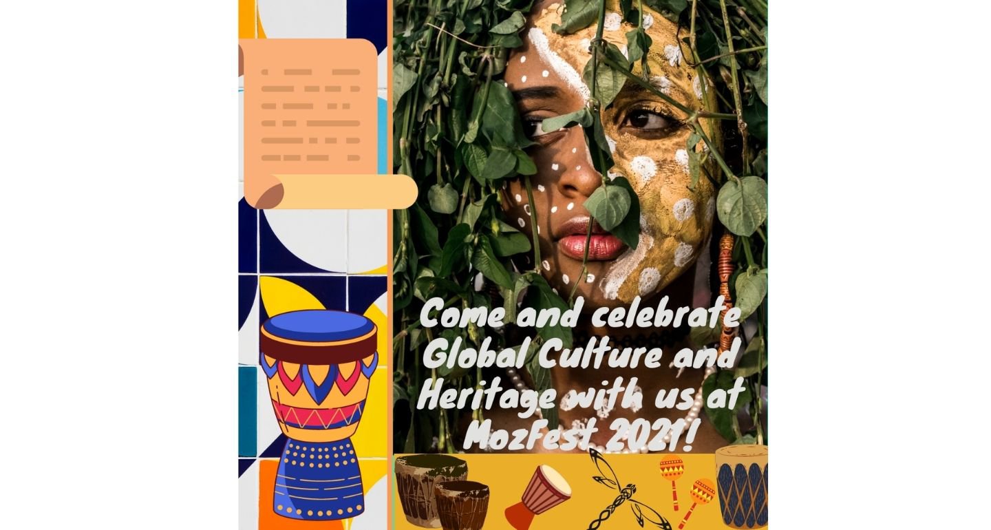 An image of a person with traditional face paint looking through a plant's vines with an invitation to join the Global Culture and Heritage Space at MozFest.