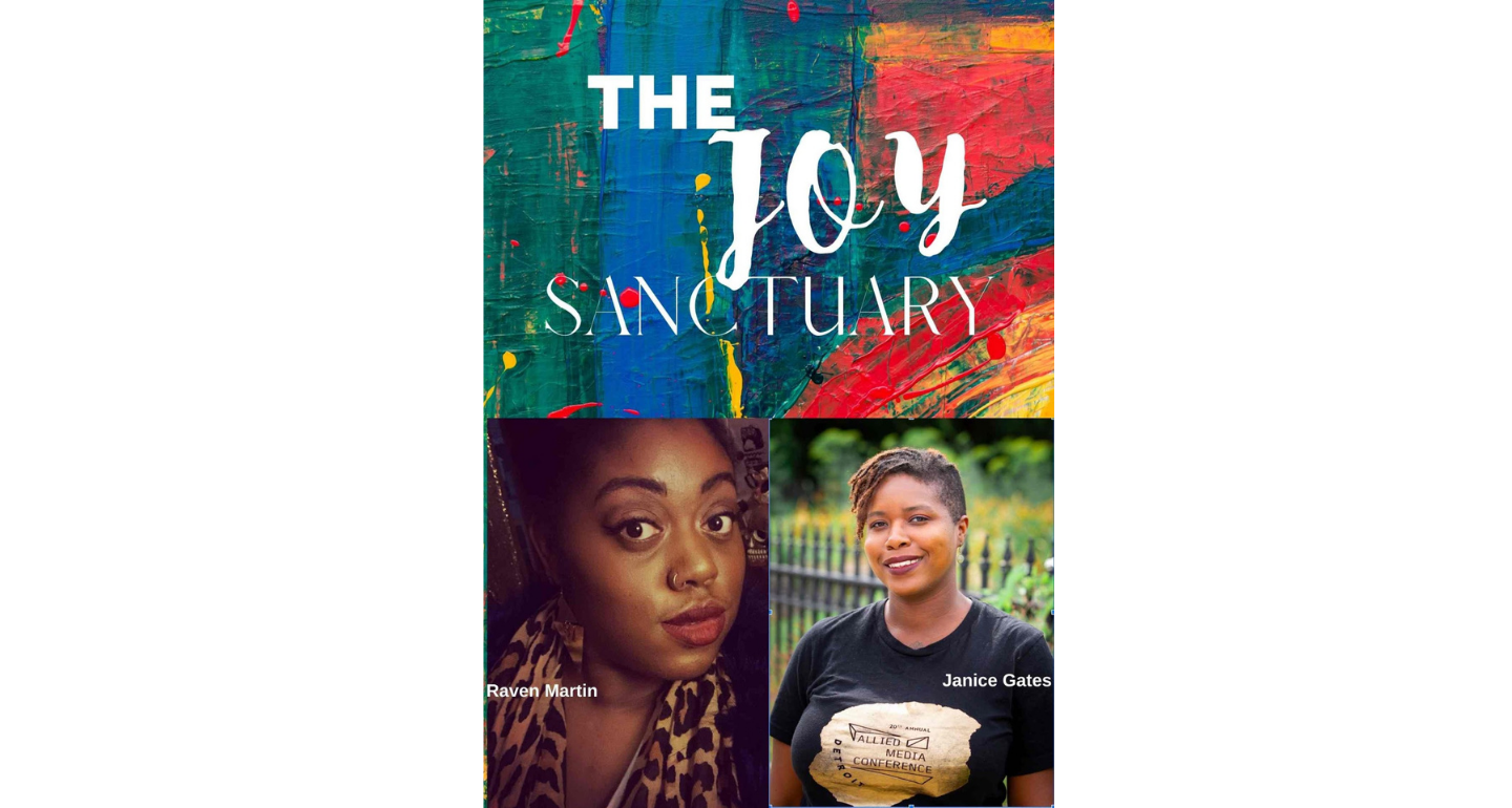 a collage of images - one image on the top with colorful background that says "The Joy Sanctuary" in white font. Two images on the bottom of people looking at the camera