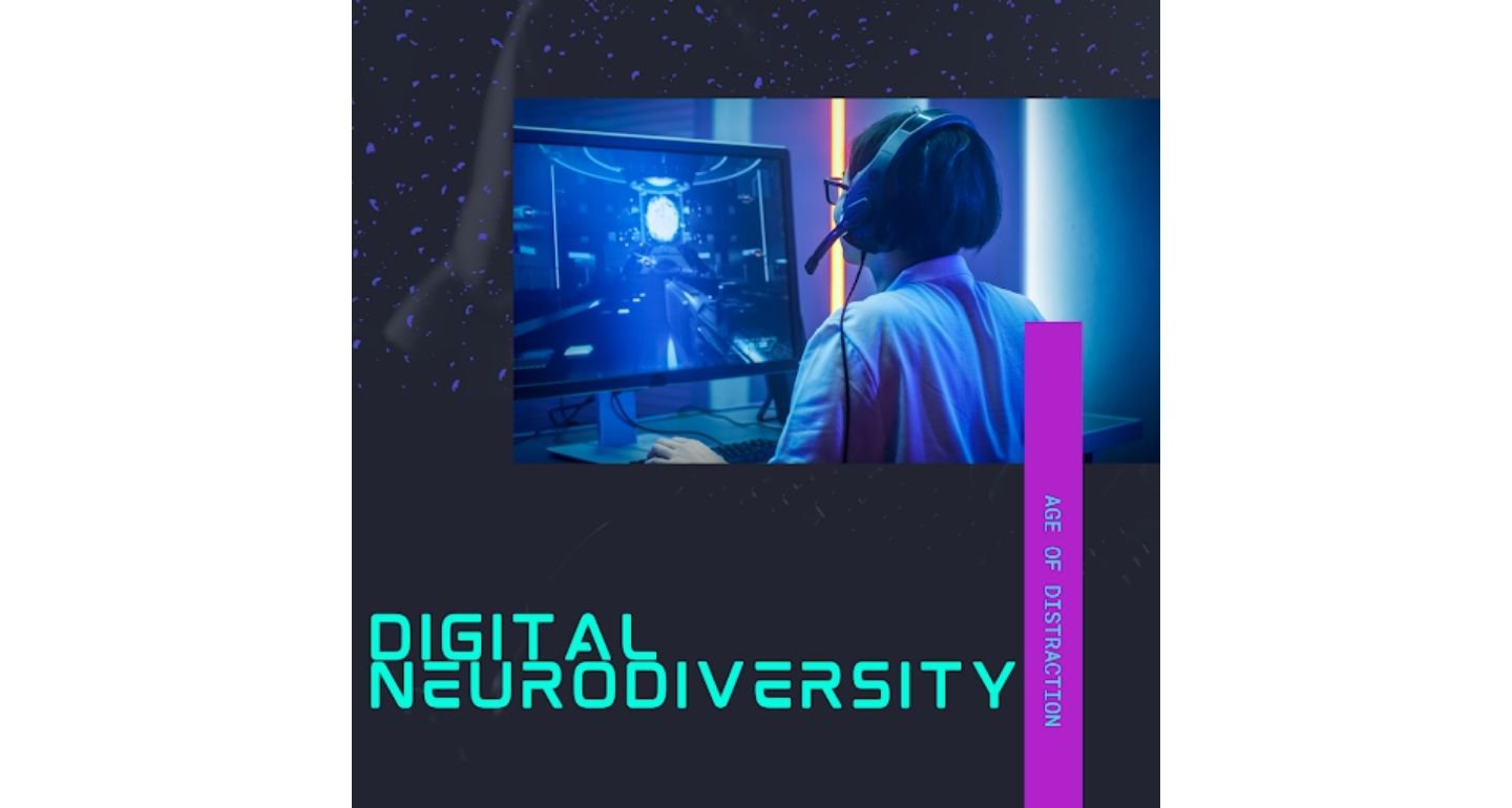 Black background with an image of a person with a headset looking at a computer with their back to the camera. Text reads: Digital Neurodiversity in teal letters.