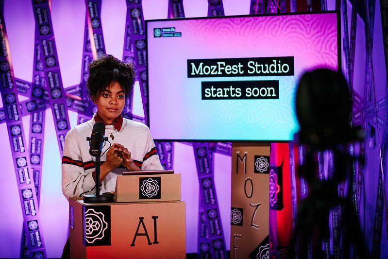 Our MozFest Studio presenter Dzifa waits for her cue to start the show
