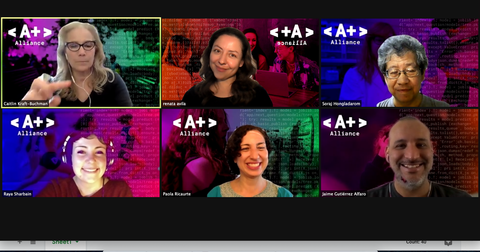 A screenshot of 6 people on zoom (headshots) looking at the camera and smiling. They have colorful backgrounds that all say A+ Alliance.