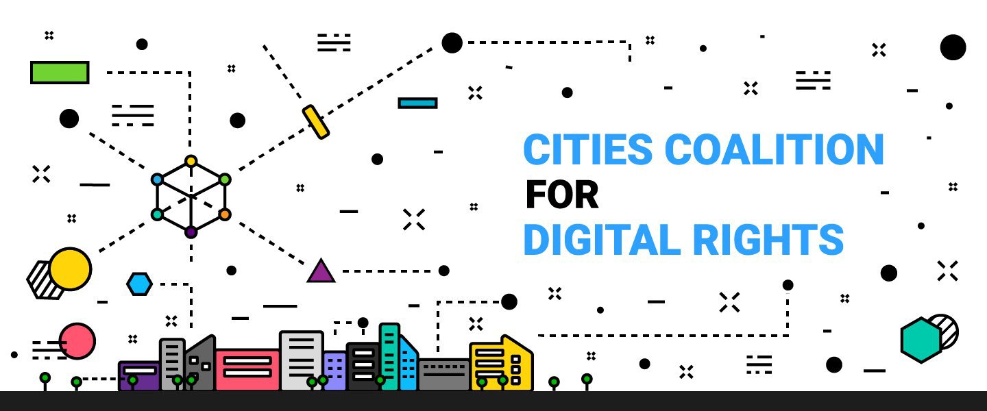 Logo for Cities Coalition for Digital Rights - white background with sporadic small icons scattered across the image and a colorful skyline near the bottom
