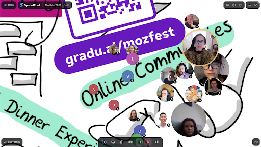 Screenshot of mixed media art and circular icons of people attending the vent all gathered together to chat.