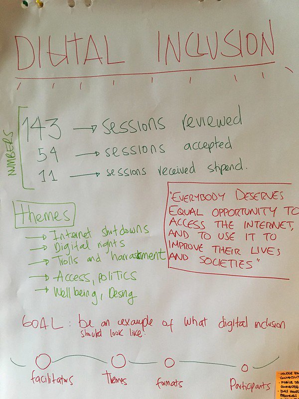 Digital Inclusion Poster with themes and goals written | Photo by Stephanie Wright at MozRetreat 2019