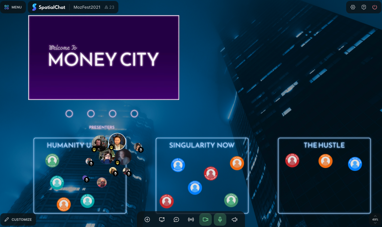 Screenshot of computer screen during money simulation game - blue, dark background with a purple box in the left hand corner that says "Money City" and other rectangles at the bottom where people icons are congregating.
