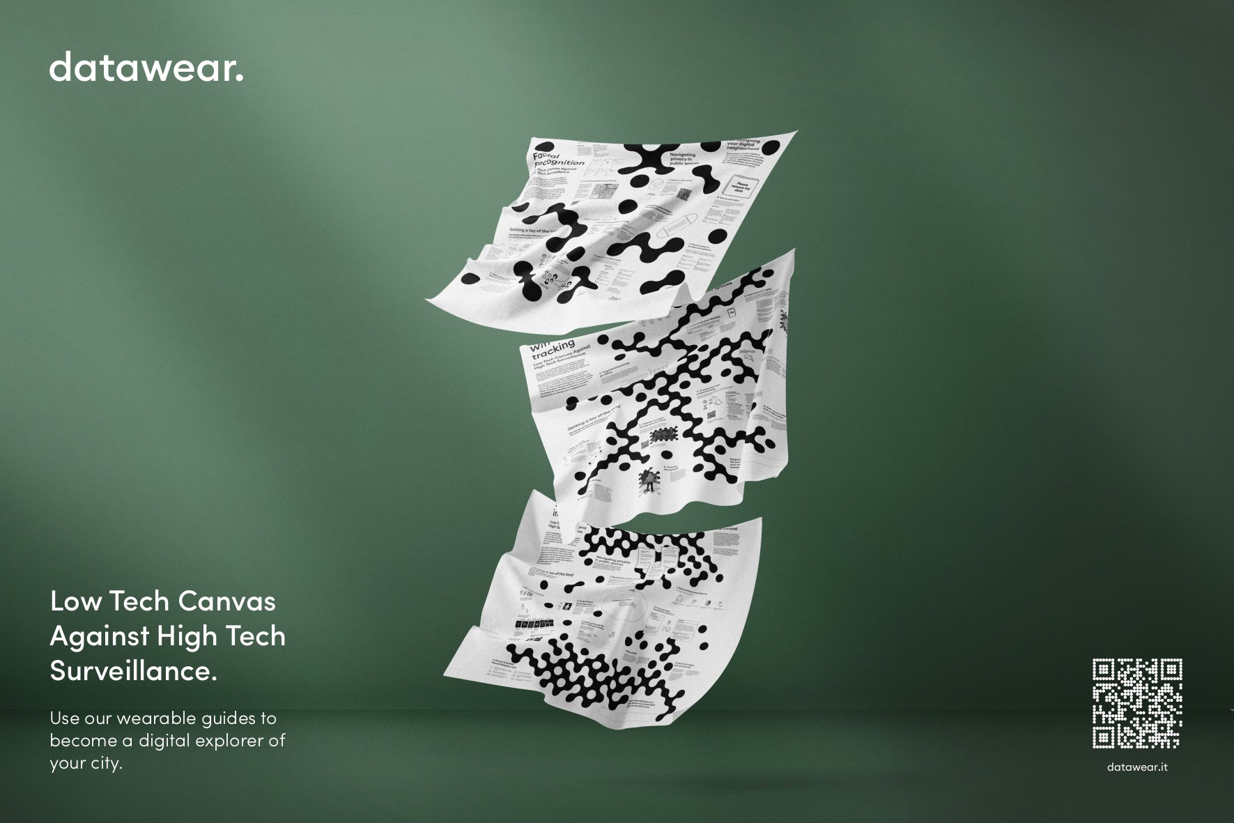 An image of white canvas with black spots in front of a green background with the text "data wear. ‘Low Tech Canvas Against High Tech Surveillance’"
