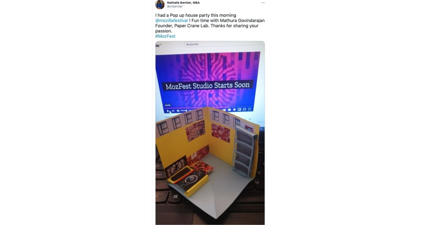 Screenshot of tweet sharing pop up paper house from MozFest