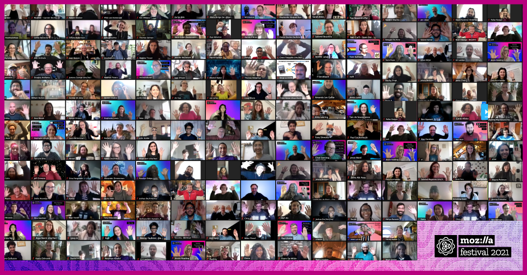Group photo collage of people on Zoom lifting their hands in the air.
