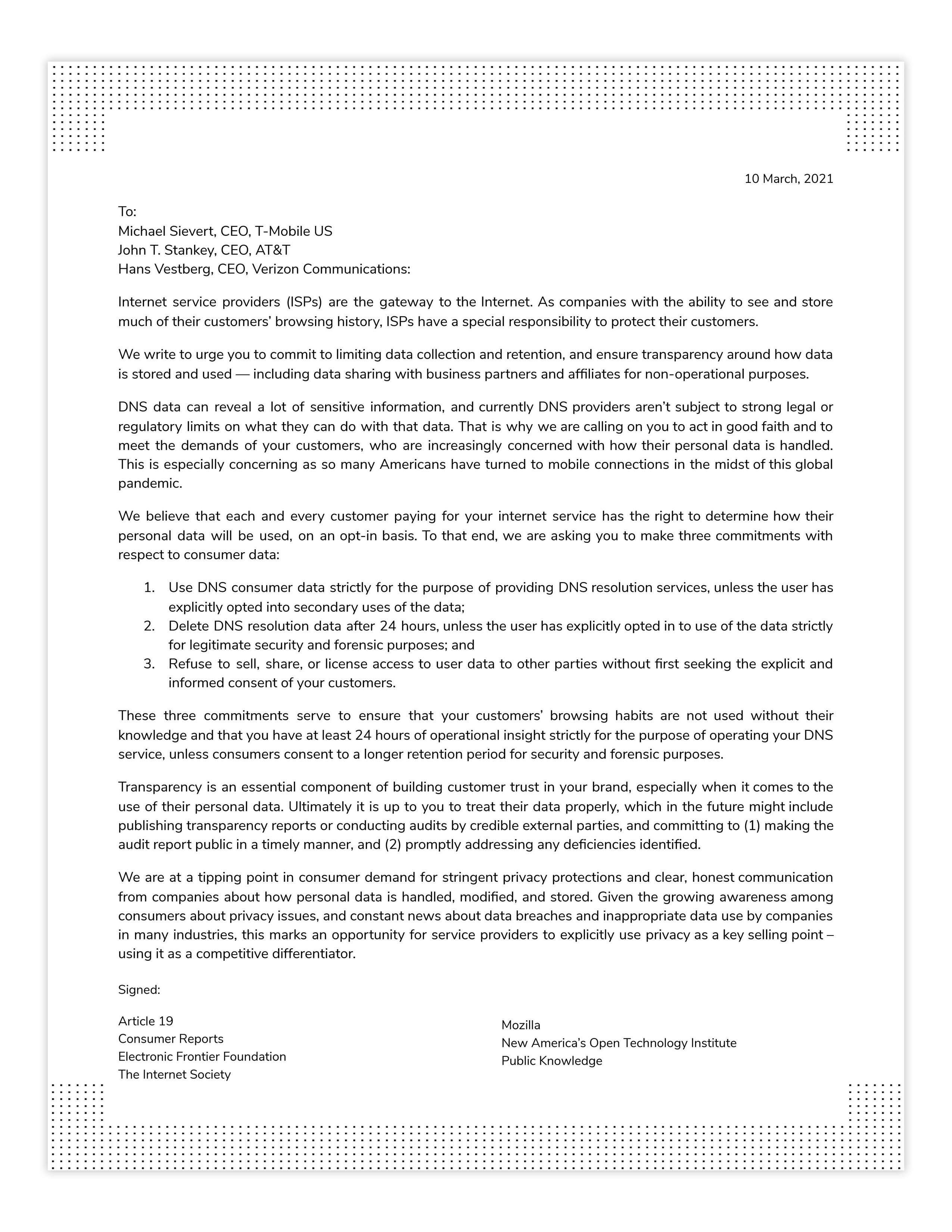 Open letter to the ISPs from Mozilla, EFF, The Internet Society and partners