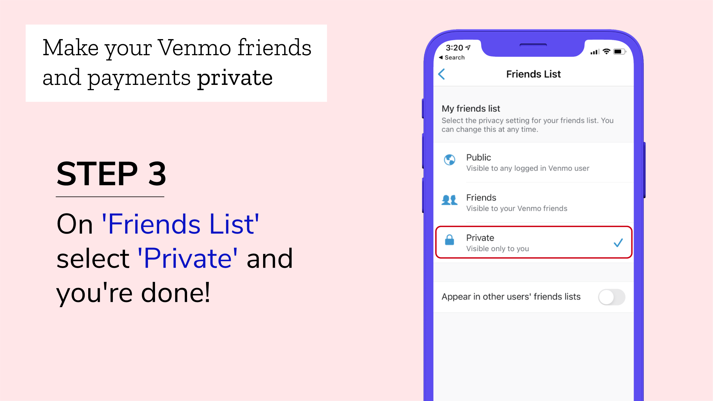 Step 3: On 'Friends list,' select 'private' and you're done!