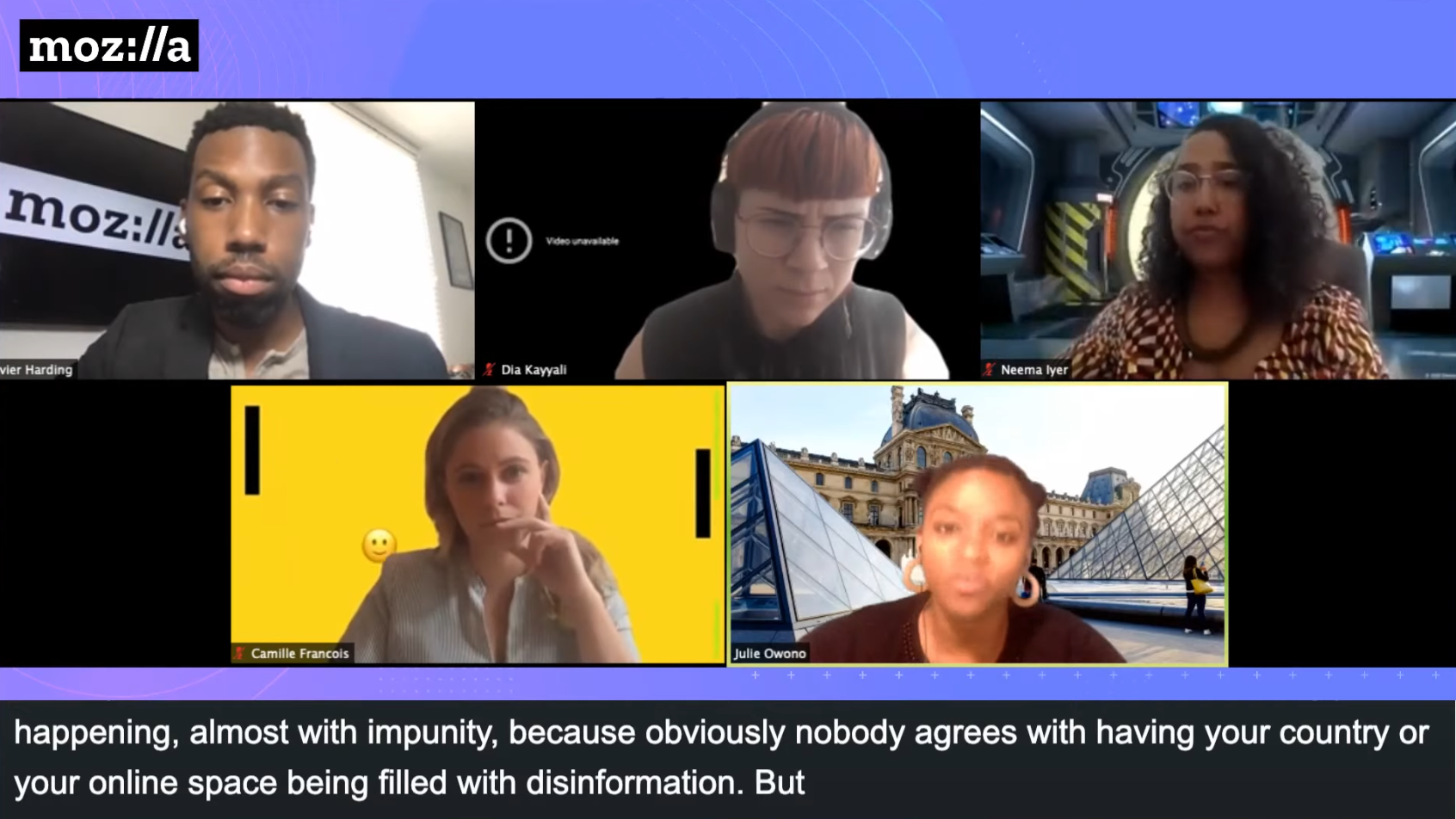 Picture of speakers during a live Dialogues and Debates online panel, with closed captioning