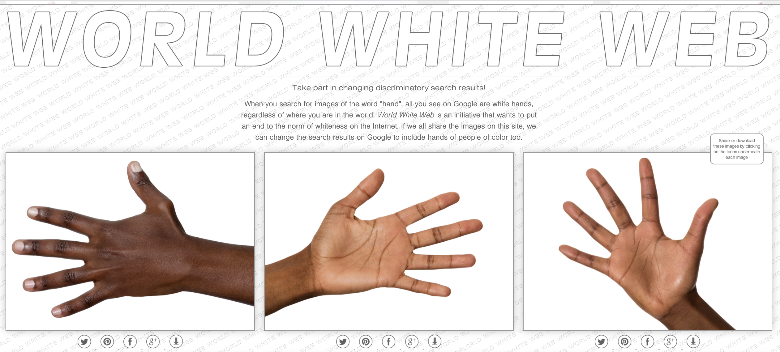 Screenshot from Burai's World White Web project, showing three images of dark-skinned hands and text asking users to share the images to influence their ranking in Google Photos