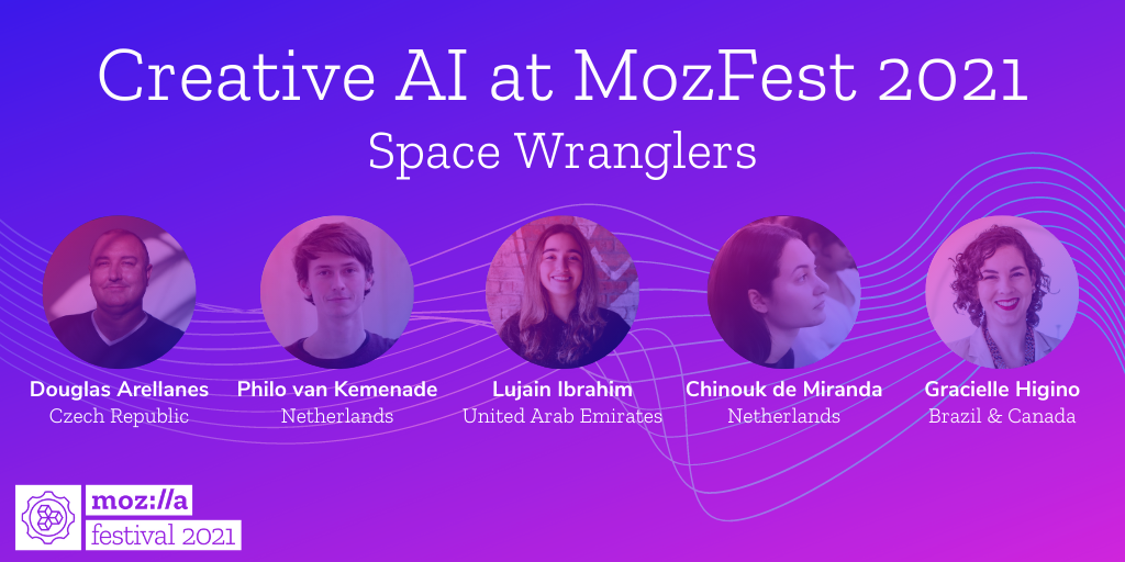 headshot of five people leading MozFest's Creative AI Space with their names and locations, on a purple and pink background
