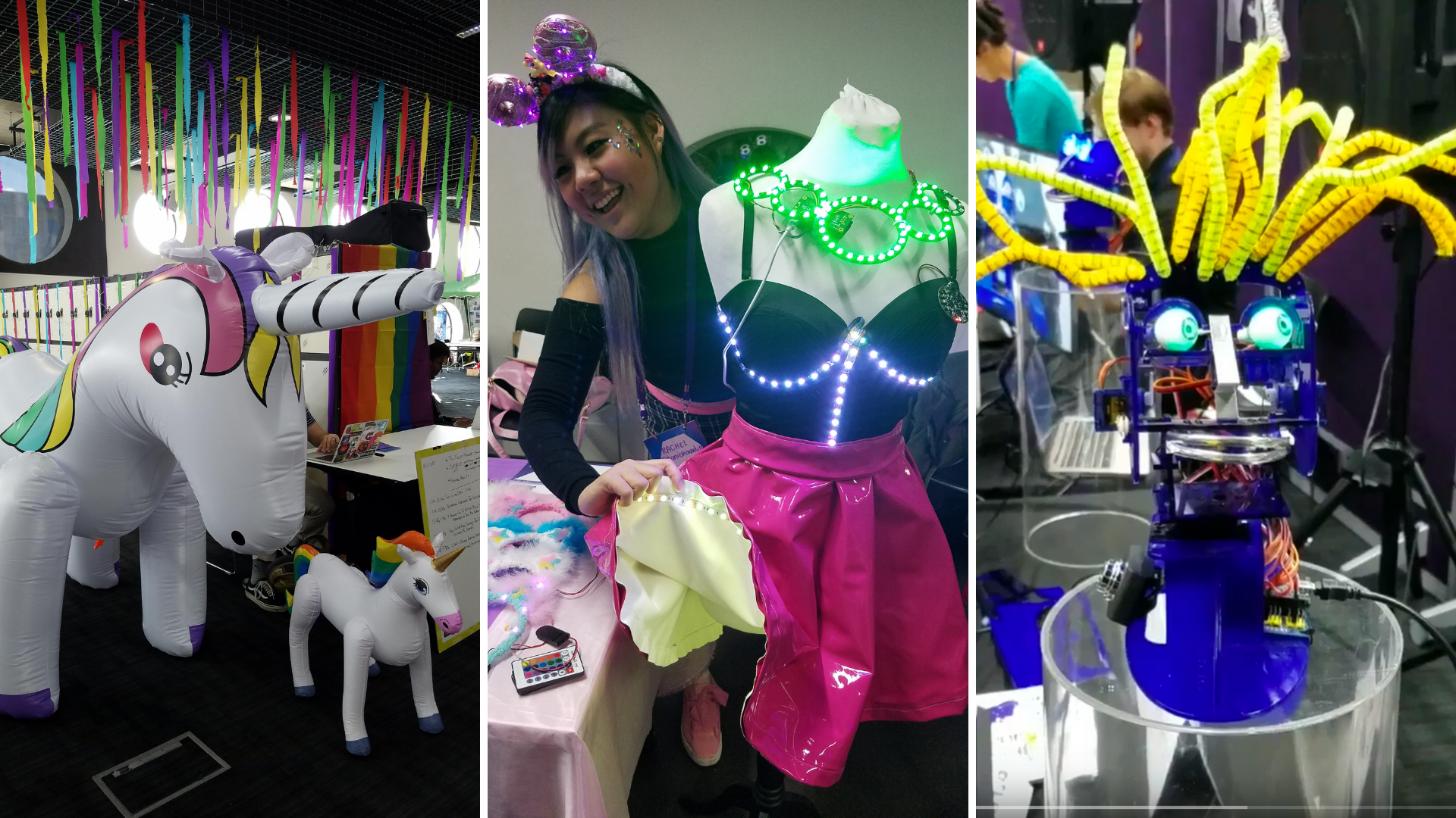 Three photos in a collage. Right: colorful outfit on a mannequin with a person standing behind it. Middle: A person standing on a red carpet and a colorful archway Left: A purple robot with wild yellow hair, eyes, and a mouth