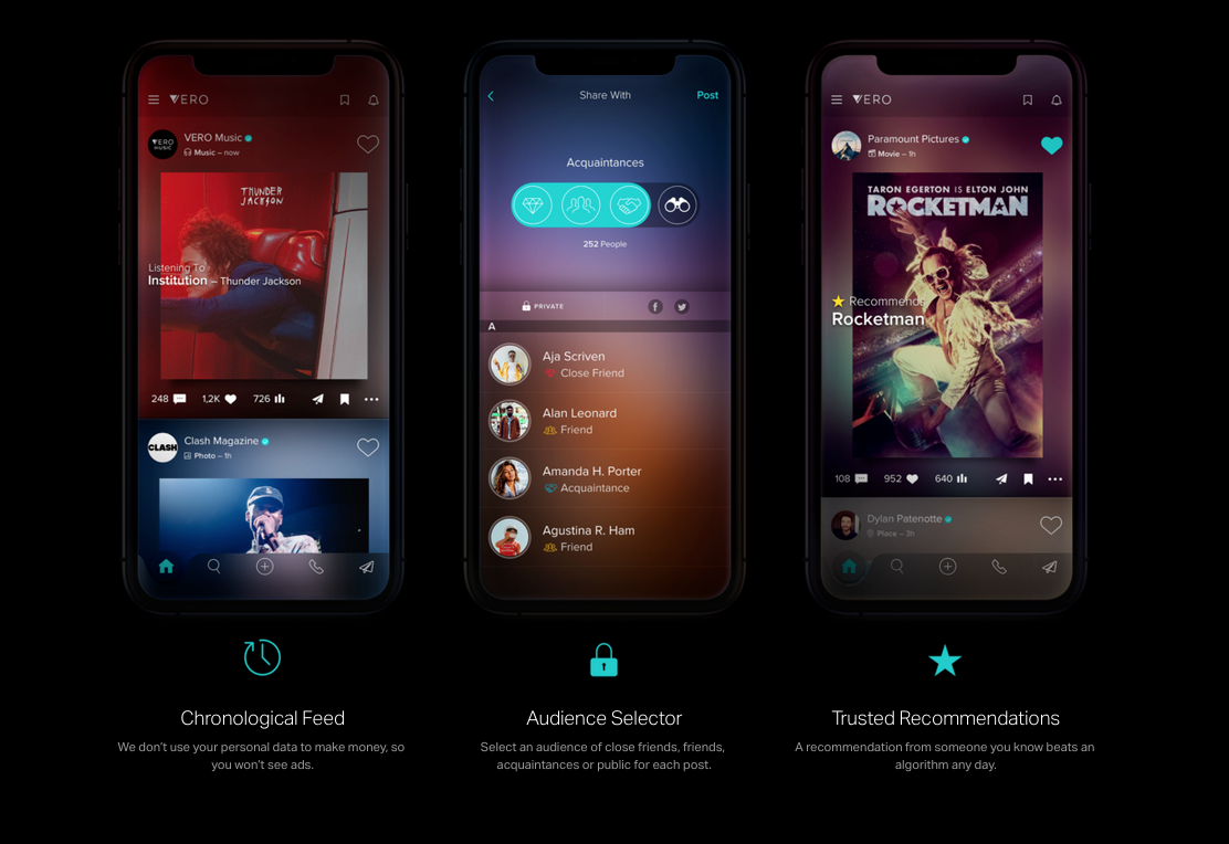 Three photos of a phone with the social platform Vero on the screen