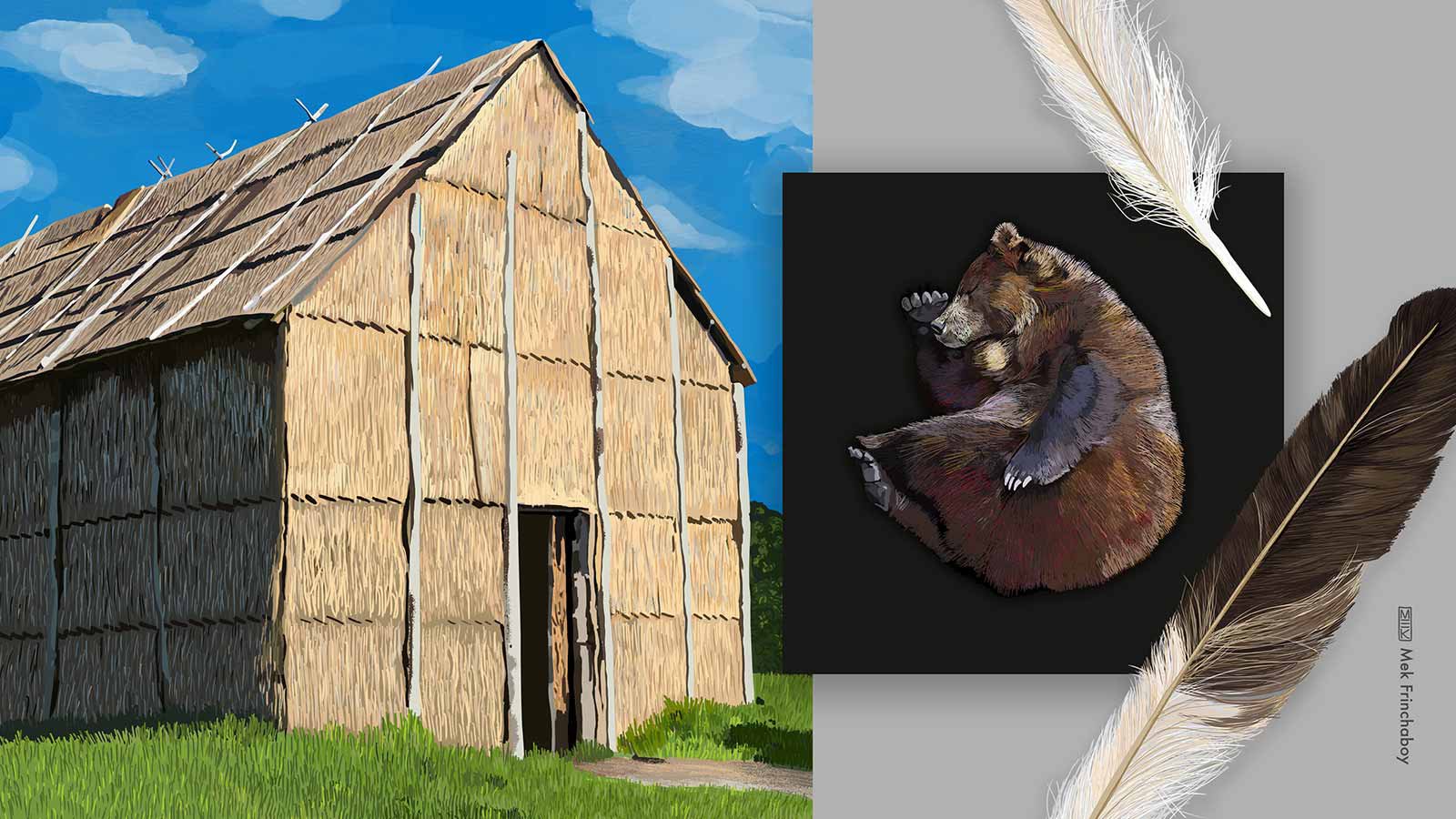 Illustration of longhouse, bear, and feather