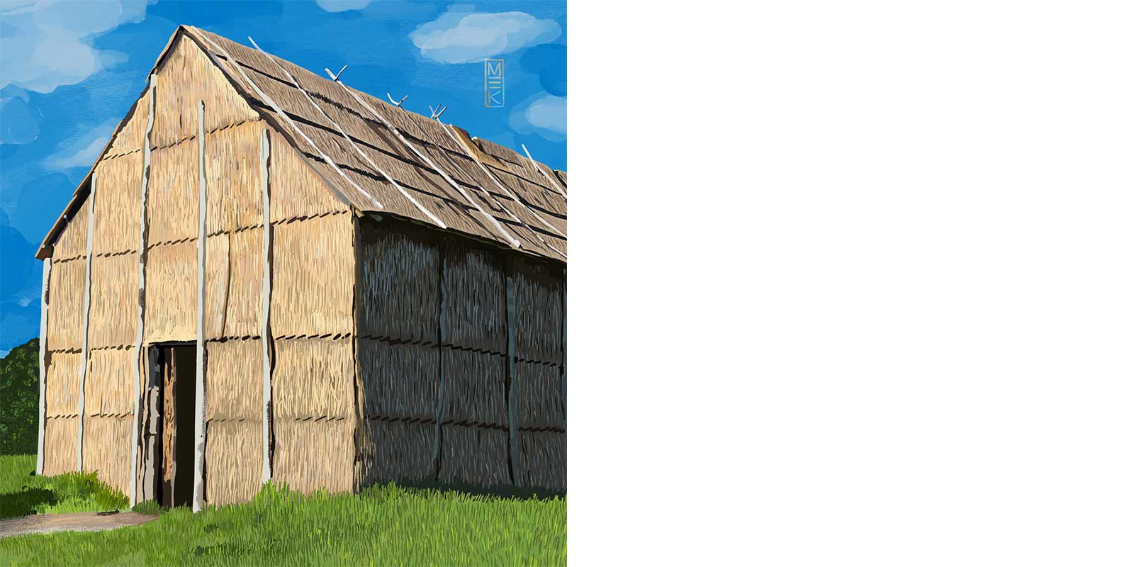 Illustration by Mek Frinchaboy of the Longhouse at Ganondagan in Victor, NY