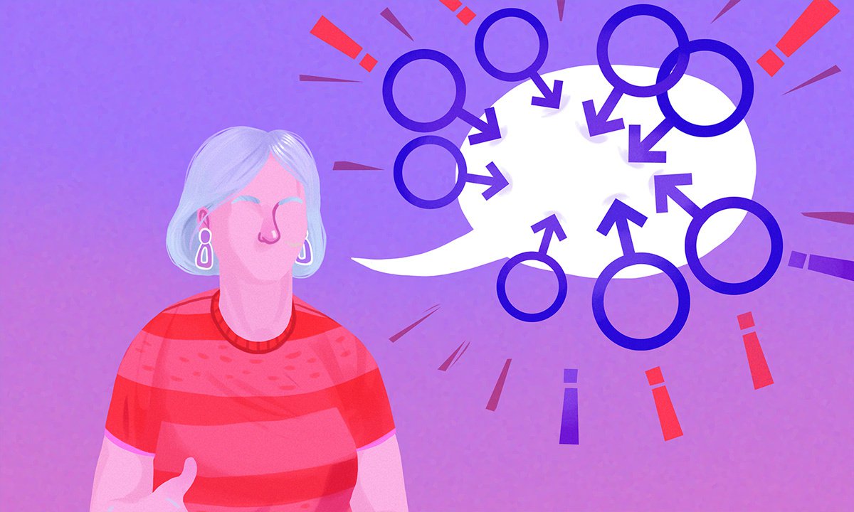 Illustration of a woman with speech bubble blocked by male symbols