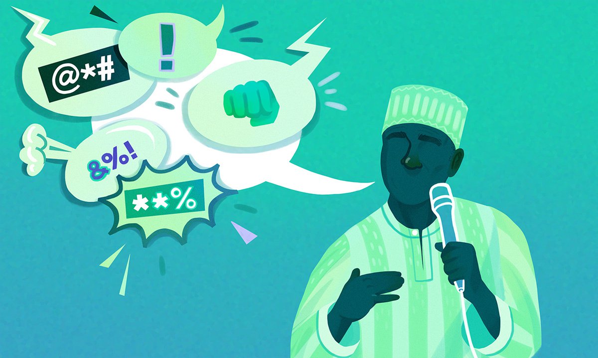 illustration of a politician with a speech bubble blocked by other bubbles