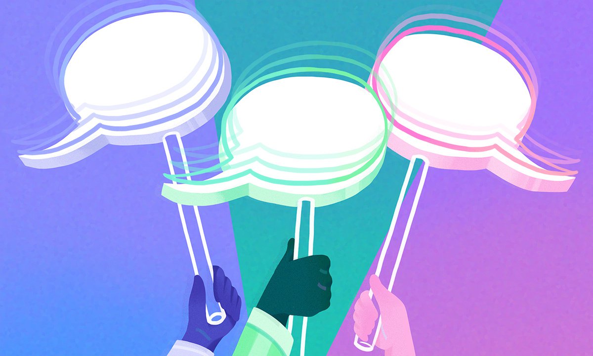 illustration of three hands holding up signs with speech bubbles
