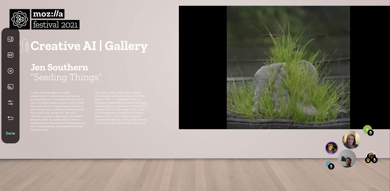 Screenshot of a virtual room with wood floors and a beige wall that features an image of a plant on the right side. White text on the left side reads "Creative AI Gallery | Seeding Things; Jen Southern"